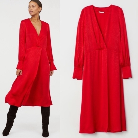 H&M Red Jacquard Weave Snake Faux Wrap Print Red‎ Long Dress Size 8 - Picture 5 of 15